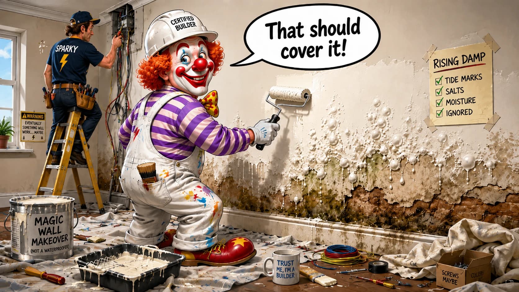 A cartoon clown in a hard hat labelled Certified Builder, rolling white paint straight over a brick wall with a rising damp tide mark, salt bloom and mould on it. He says 'That should cover it'. Behind him an electrician stands on a ladder among tangled cables, with paint tins, cable offcuts and rubbish left across the floor.